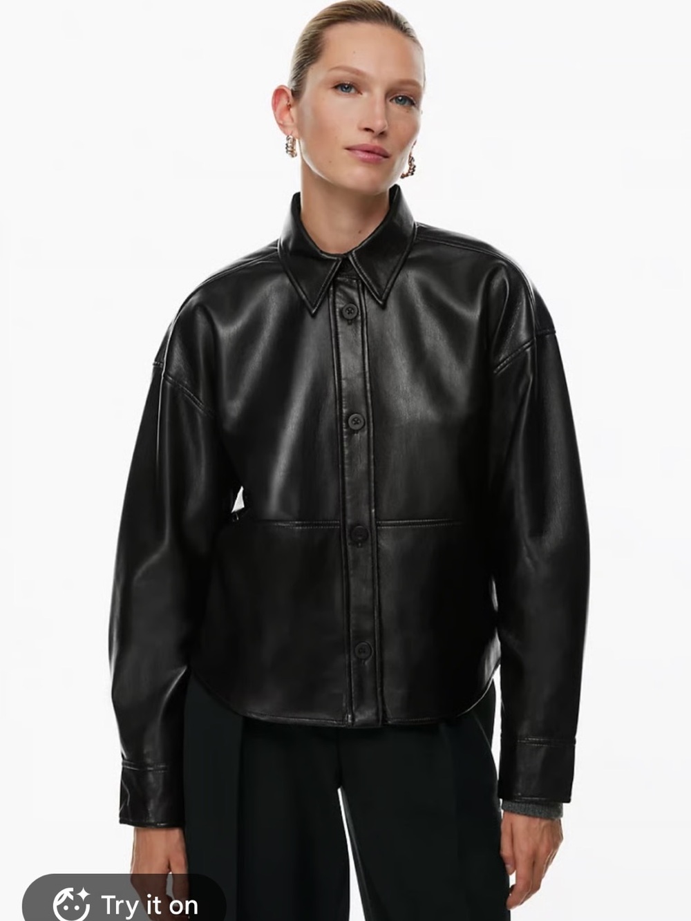 Babaton Aritzia Black Faux Leather Button-Front Jacket with Collared Neck Medium